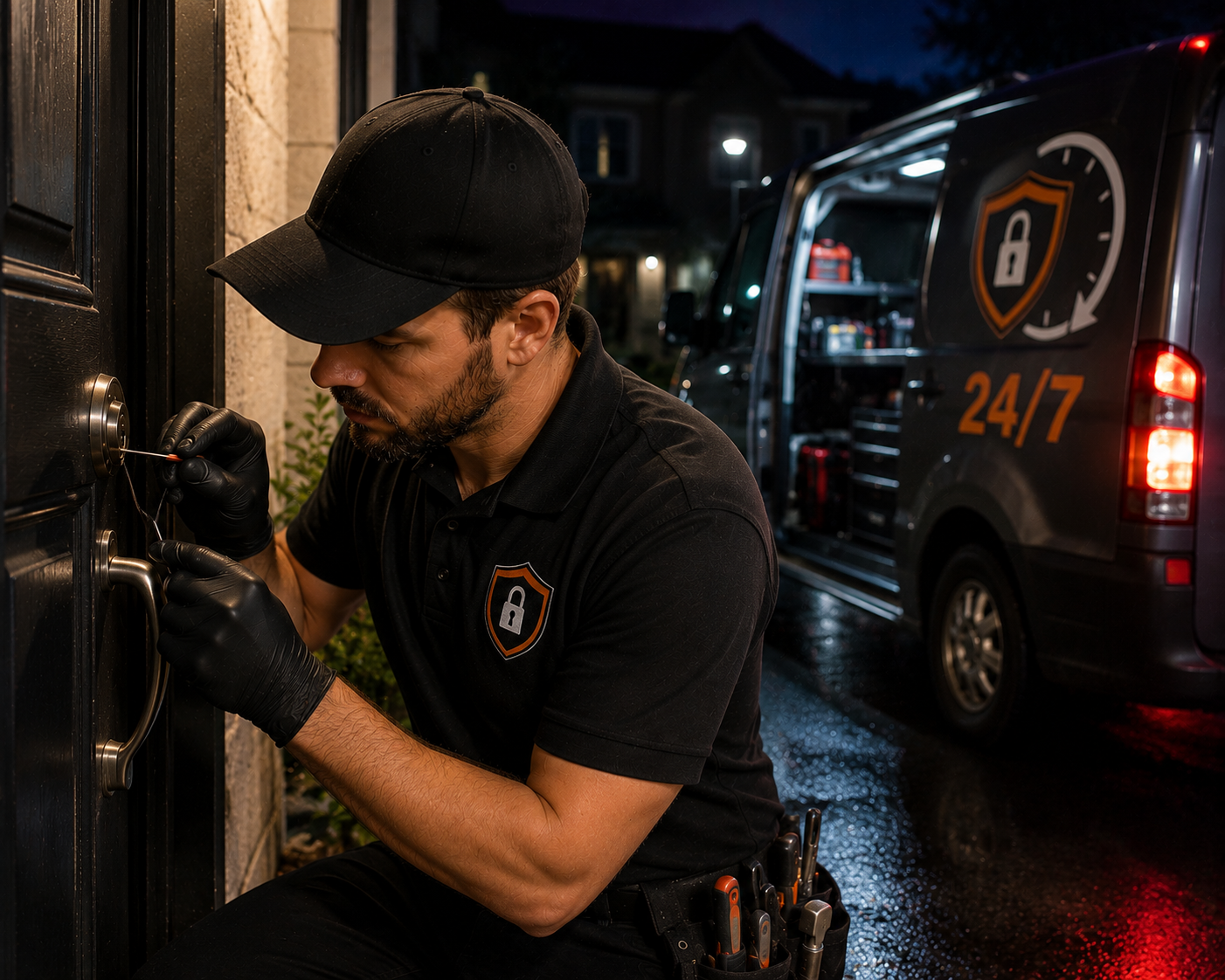 Auburn Lock and Car Keys 24/7 emergency locksmith van responding to a call at night in Auburn WA