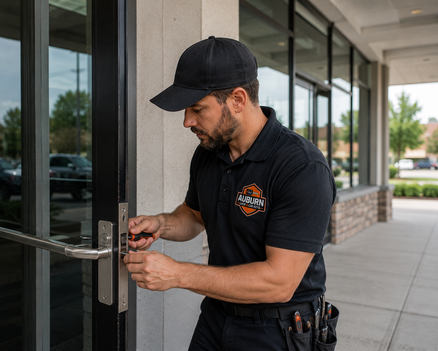 Auburn commercial locksmith opening a locked file cabinet without keys for a business customer in their office